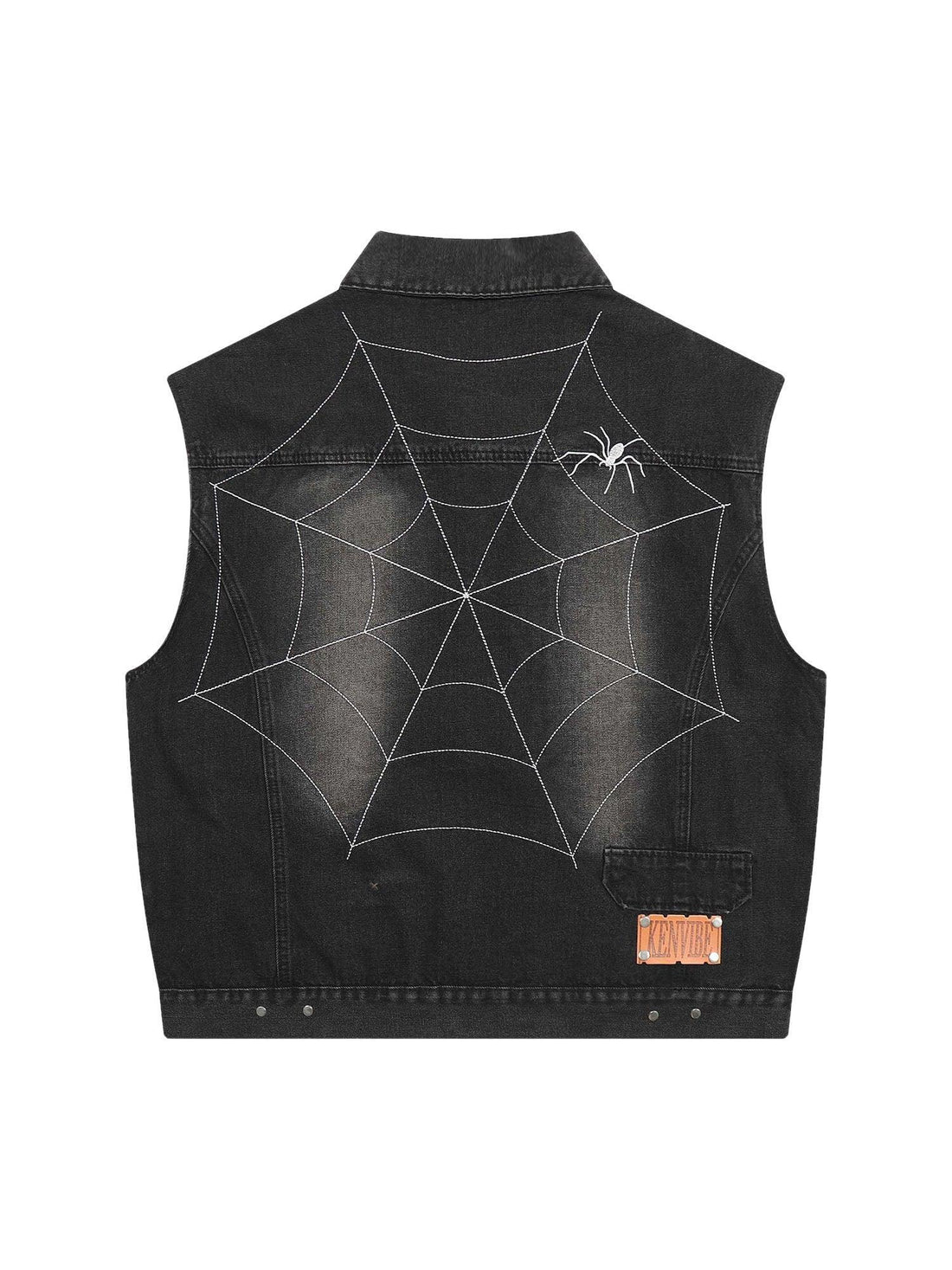 Makersluxe Dark Spider Letter Embroidered Denim Vest Jacket