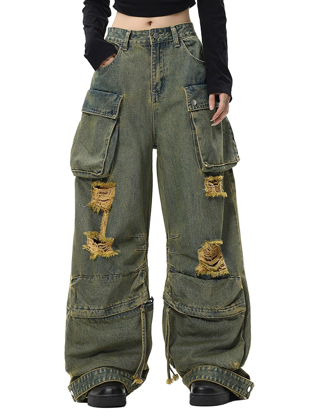 Makersluxe Wasteland Style Washed Distressed Work Cargo Jeans