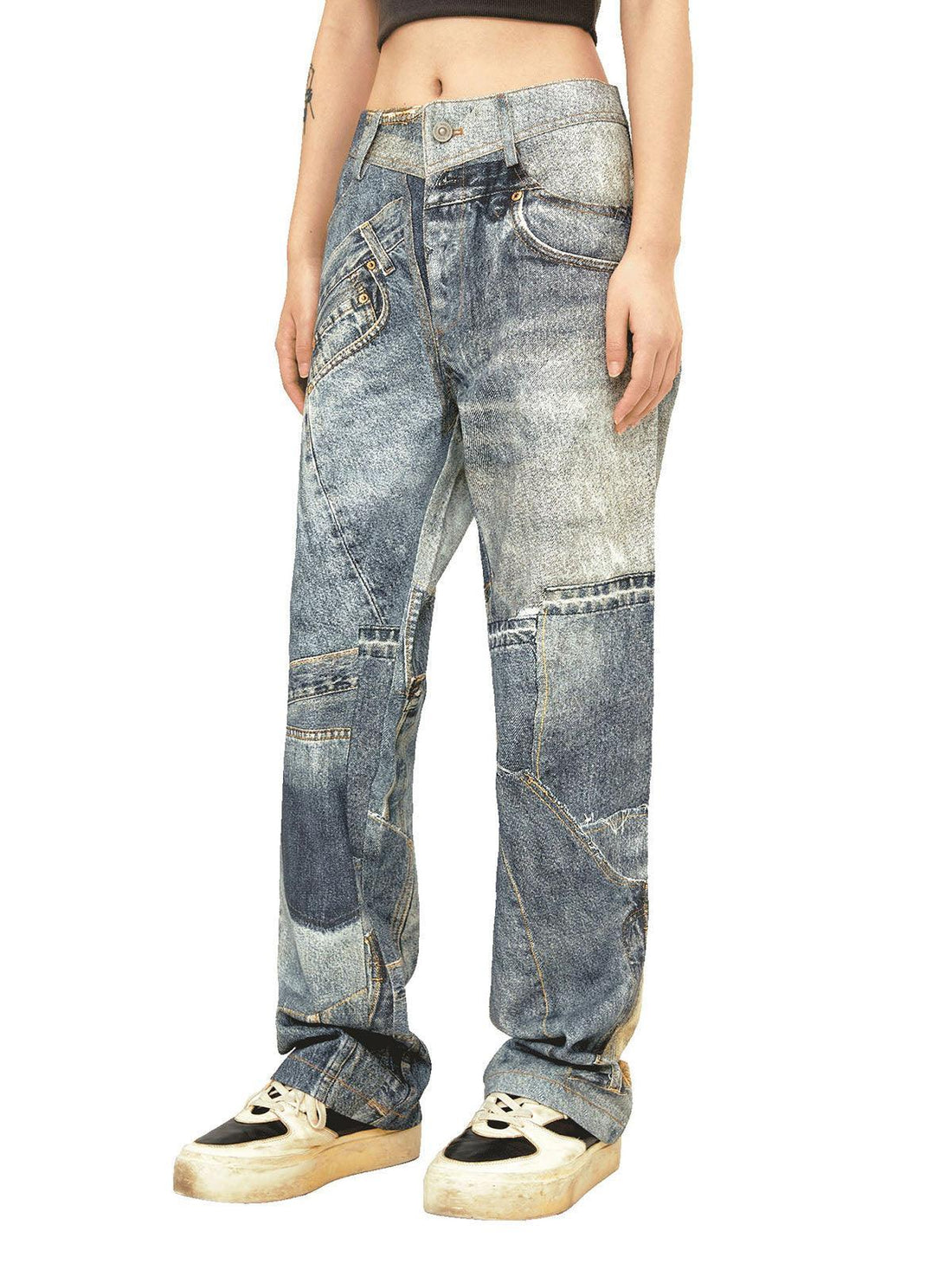 Makersluxe Street Hip-Hop Deconstructed Print Jeans