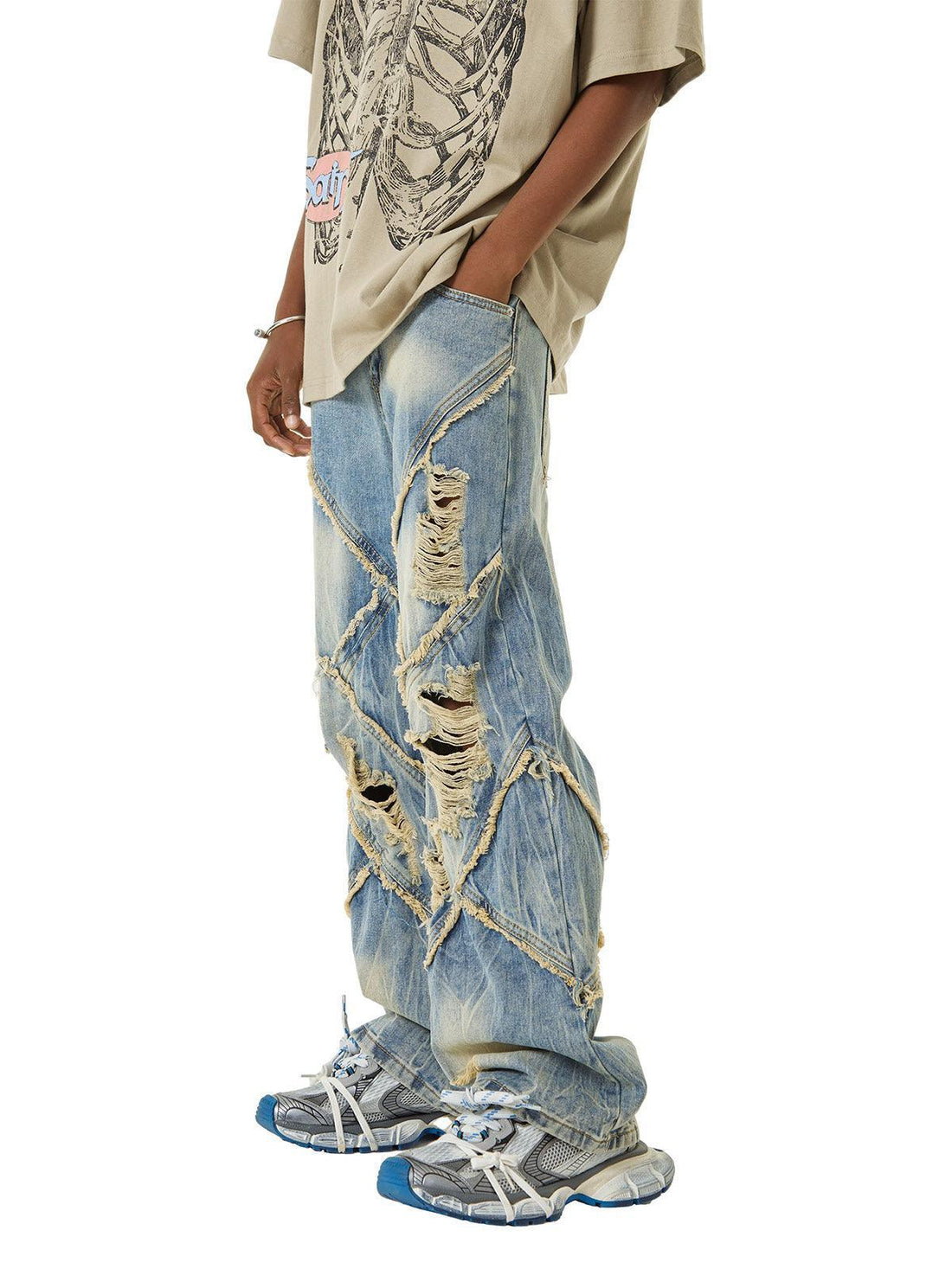 Makersluxe Heavy Washed Ripped Plaid Stitching Hip-Hop Jeans - 2174