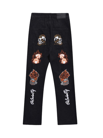 Makersluxe Skull Flame Monogram Embroidered Slim Fit Jeans