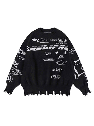 Makersluxe Vintage Burlap Racing Suit Letter Jacquard Sweater