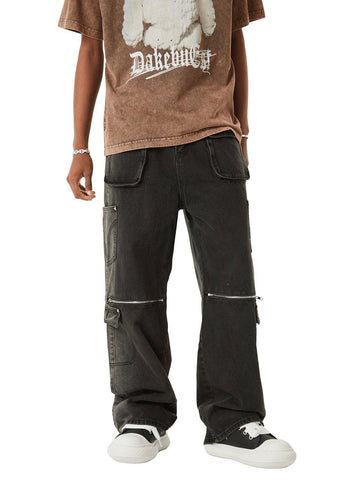 Makersluxe Multi-pocket Zipper Design Washed Hip-Hop Jeans - 2112