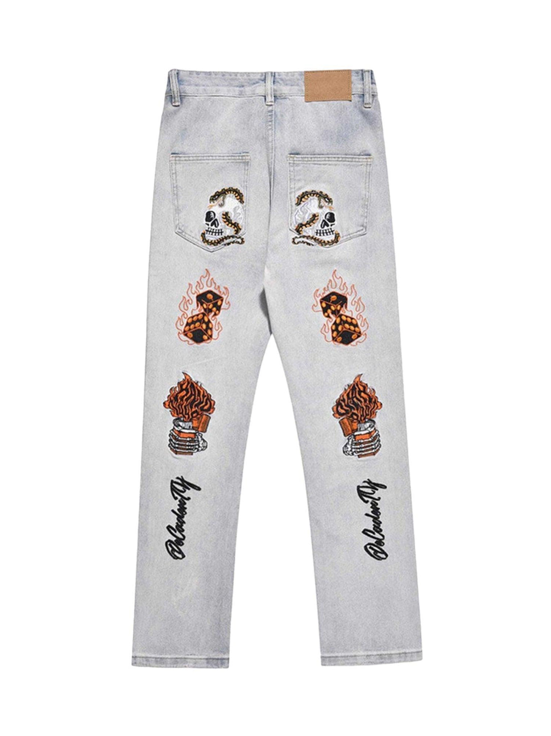 Makersluxe Skull Flame Monogram Embroidered Slim Fit Jeans