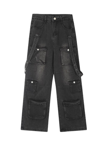 Makersluxe Vintage Washed Web Rivets Hip-Hop Jeans