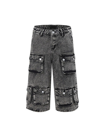 Makersluxe Washed Distressed Multi-Pocket Workwear Hip Hop Jort