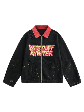 Makersluxe Retro Patchwork Letter Denim Jacket - 2117