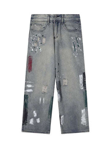 Makersluxe Vintage Ink Splash Washed And Distressed Jeans