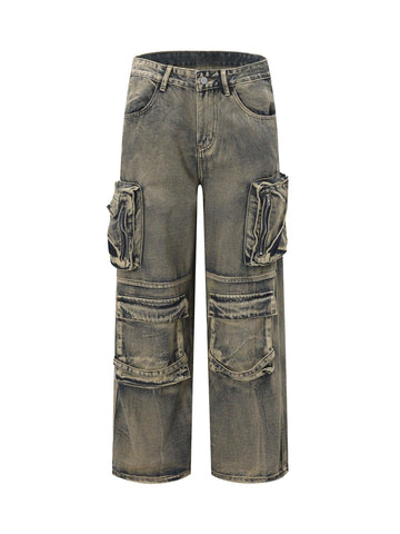 Wasteland Style Multi-pocket Washed Denim Jeans