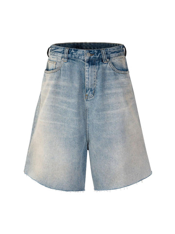 Makersluxe Retro Washed Distressed Raw Edge Denim Jort