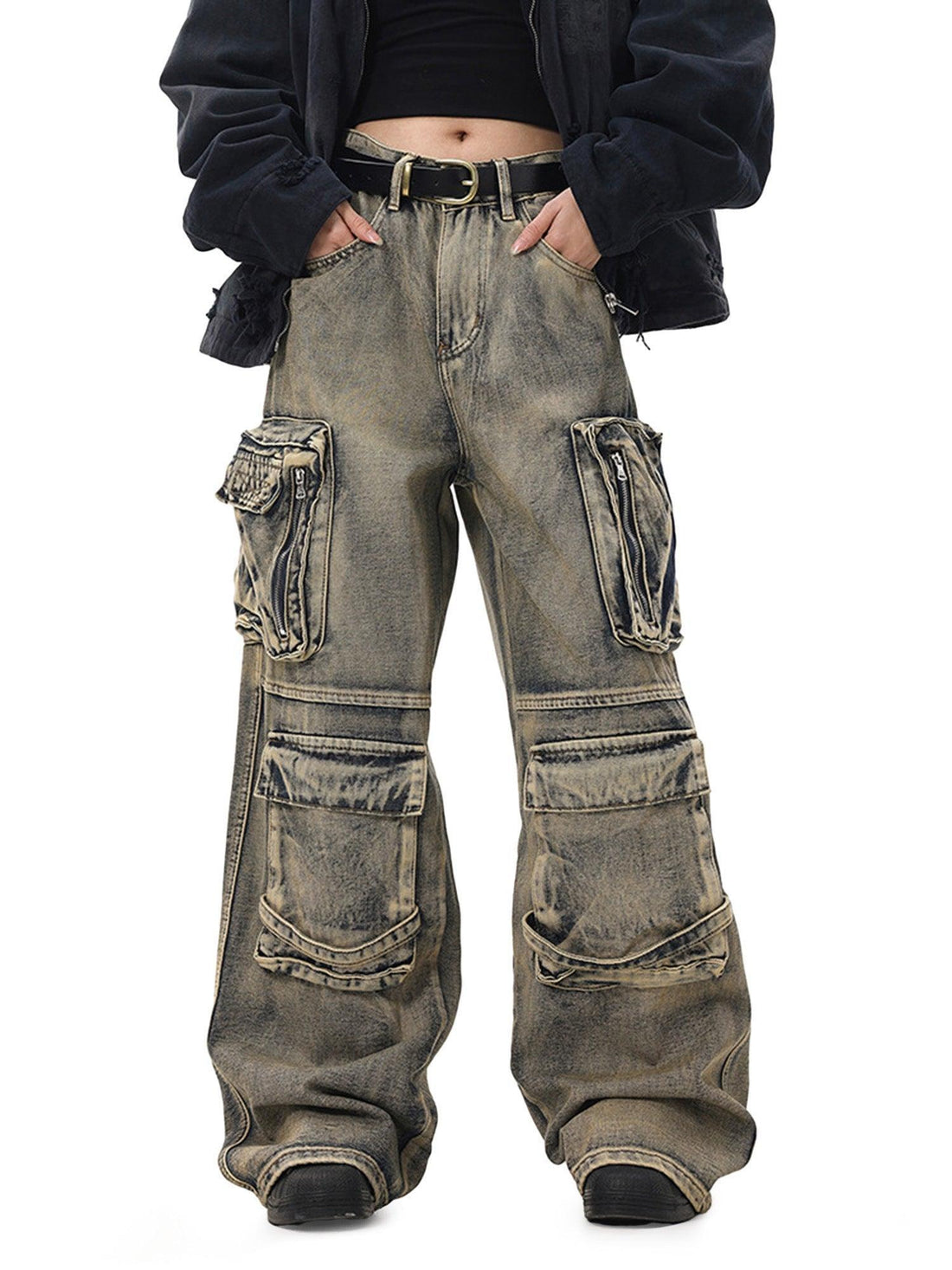 Wasteland Style Multi-pocket Washed Denim Jeans