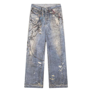 Makersluxe® Baggy Washed Jeans Chains Print