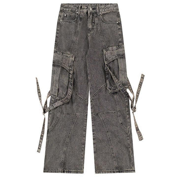 Makersluxe® Distressed Washed Cargo Jeans Side Tie Pocket