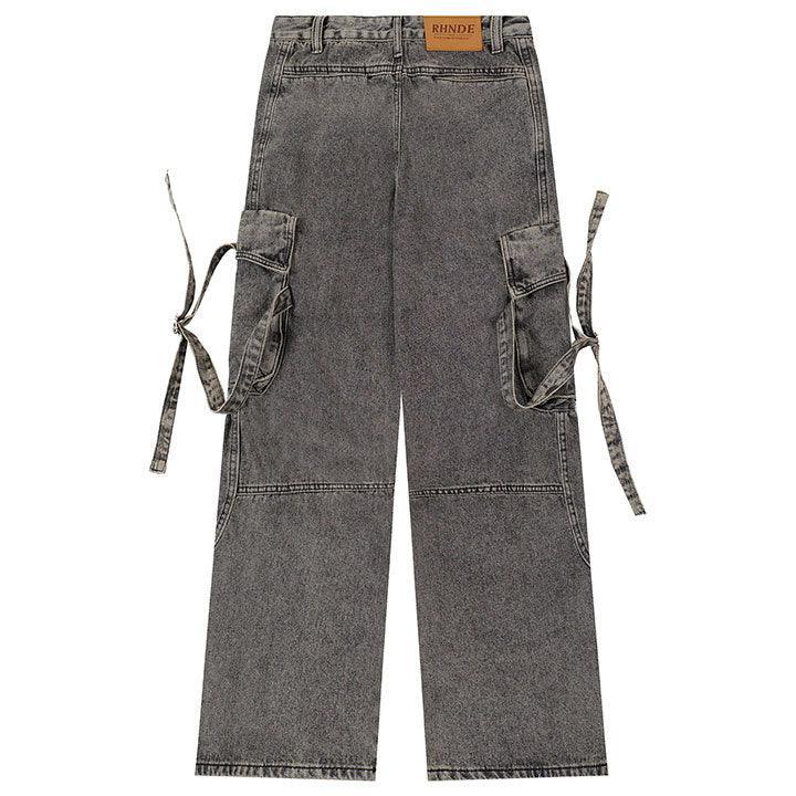 Makersluxe® Distressed Washed Cargo Jeans Side Tie Pocket