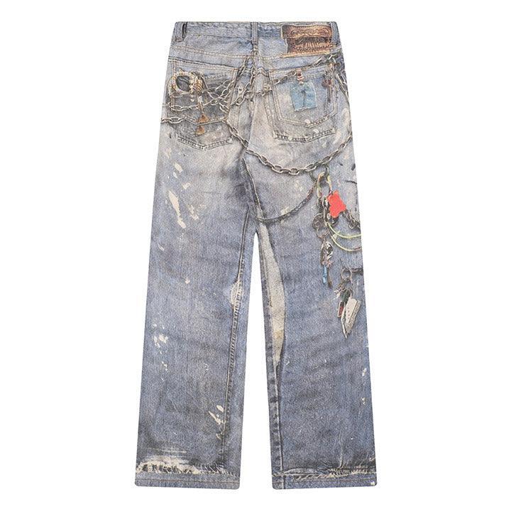 Makersluxe® Baggy Washed Jeans Chains Print