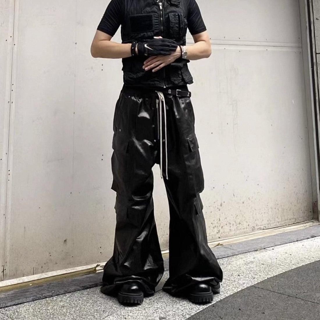 Wide-Leg Black Leather Cargo Pants
