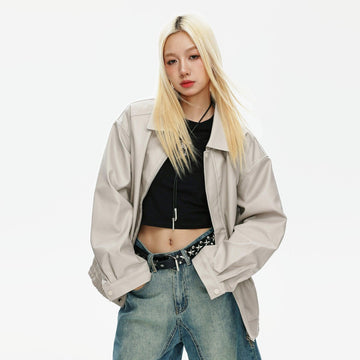 Loose Solid Color Leather Jacket