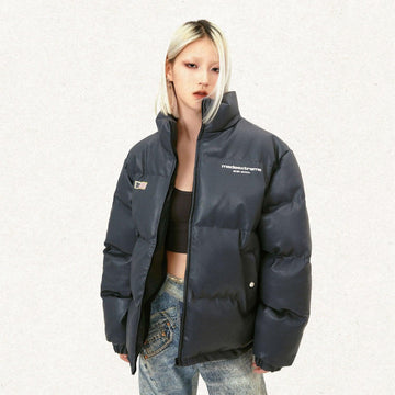 Letter Printed Padded Leather Jacket