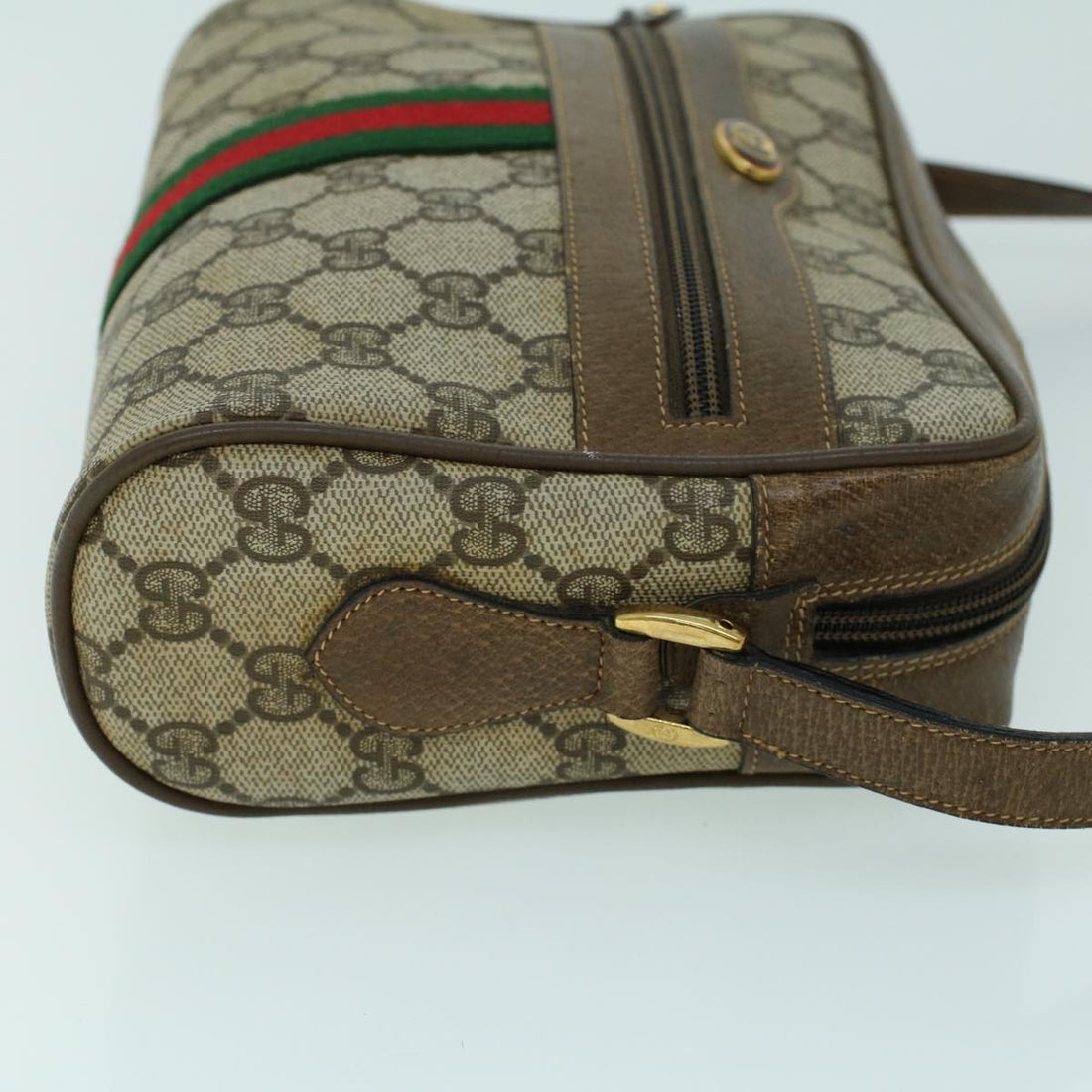 GUCCI GG Canvas Web Sherry Line Shoulder Bag PVC Leather Beige Green ki3425