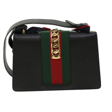 GUCCI Web Sherry Line Silvi Shoulder Bag Leather Black Green 421882 lt690