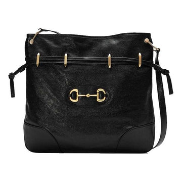 MLB Gucci Horsebit 1955 Retro Gold buckle Leather Drawstring Shoulder Messenger Bag Black 602089-1IV0G-1000