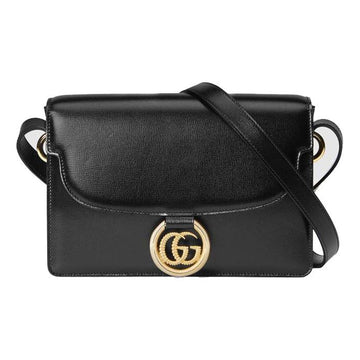MLB Gucci GG Ring Gold Logo Leather Shoulder Messenger Bag Small Black Classic 589474-1DB0G-1000