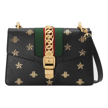 MLB Gucci Sylvie Gold buckle Bee Pattern Stripe Webbing Bow handbag Small Black Classic 524405-DJ2RG-8571