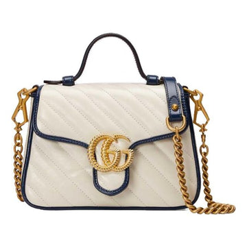 MLB Gucci GG Marmont Gold Logo Colorblock Leather Chain handbag Mini White / Blue Retro 583571-0OLFX-9085