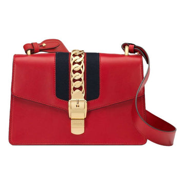 MLB Gucci Sylvie Gold buckle Stripe Webbing Bow Wide Version Leather handbag Small Red 421882-CVLEG-8604