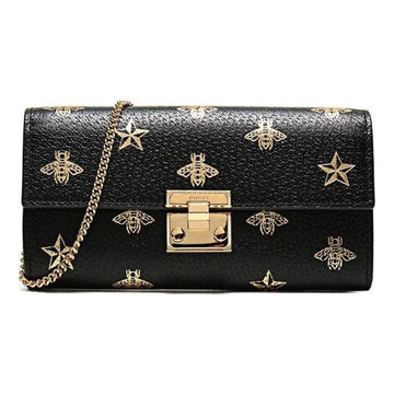 MLB Gucci Padlock Metallic Bee Star Printing Leather Chain Wallet Shoulder Bag Armpit Black Handbag 453506-DJ2KG-8474