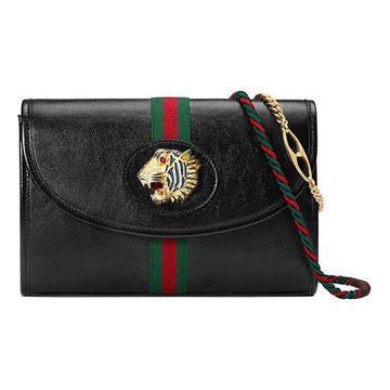 MLB Gucci Rajah Enamel Tiger Head Stripe Webbing Leather Chain Shoulder Messenger Bag Black Retro 564697-0OLKX-8389