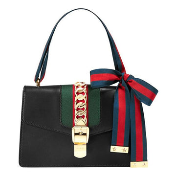 MLB Gucci Sylvie Gold buckle Stripe Webbing Bow Wide Version Leather handbag Small Black 421882CVLEG-8638