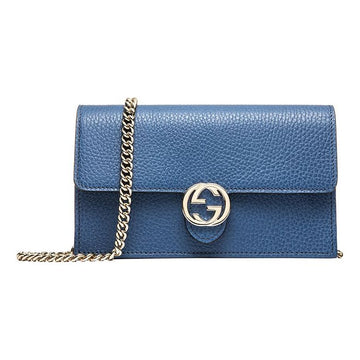 MLB Gucci Logo Double G Leather WOC Chain Shoulder Messenger Bag Blue Classic 510314-CAO0G-4231