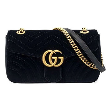 MLB Gucci GG Marmont Gold Logo Velvet Chain Shoulder Messenger Bag Small Black Classic 443497-K4D2T-1000
