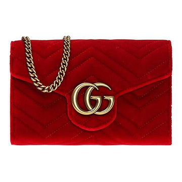 MLB Gucci GG Marmont Gold Logo Distress Velvet Chain Shoulder Messenger Bag Mini Red 474575-9QIDT-6433