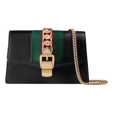 MLB Gucci Sylvie Series Fabric/ Leather Single Shoulder Satchel mini Black/ Red/ Green 494646-CWLSG-1060