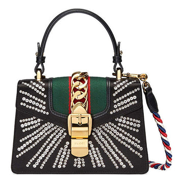 MLB Gucci Sylvie Gold Buckle Stripe Webbing Mini Black Handbag 470270-9AAQG-8720