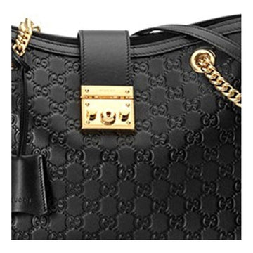 MLB Gucci Padlock Metallic Logo Embossing Leather Tote Chain Black Handbag 479197-0REAG-1000