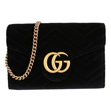 MLB Gucci GG Marmont Gold Logo Distress Velvet Chain Shoulder Messenger Bag Mini Black 474575-9QIDT-1000