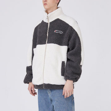 Makersluxe® - Color Block Lambs Wool Stand Collar Varsity Jacket