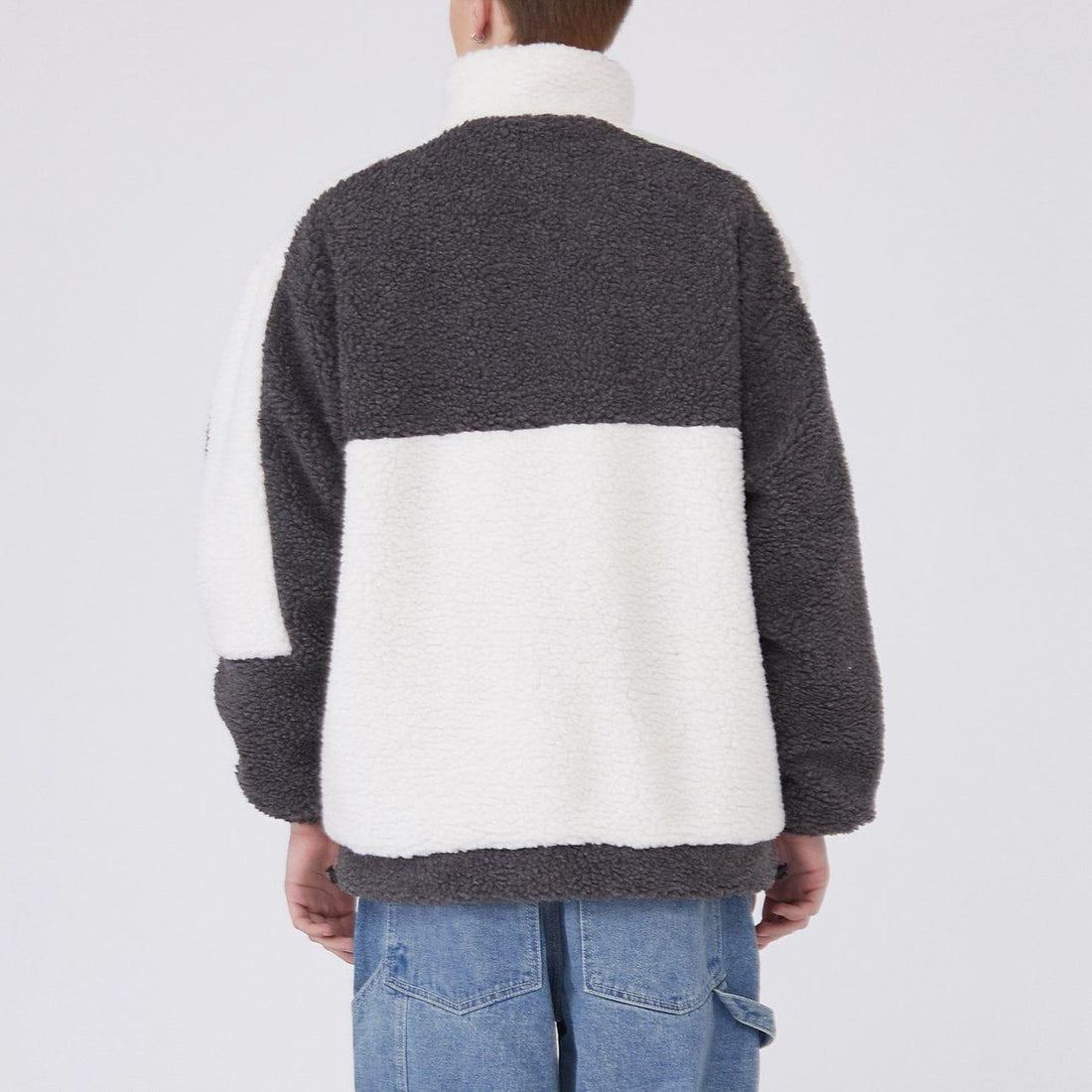 Makersluxe® - Color Block Lambs Wool Stand Collar Varsity Jacket