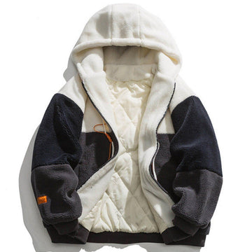 Makersluxe® - Color Block Patchwork Hooded Sherpa Winter Coat