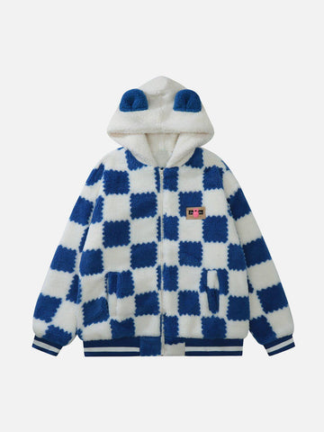 Makersluxe® - Contrast Check Hood Sherpa Coat