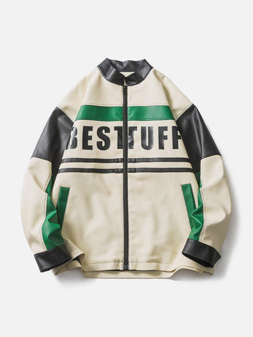 Makersluxe® - Contrast Splicing Stand Collar Leather Jacket