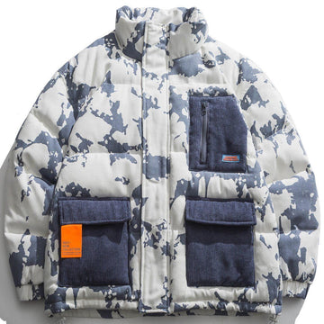 Makersluxe® - Cow Stripes Pattern Patchwork Pockets Winter Coat