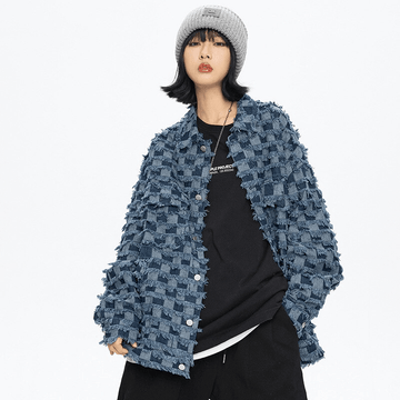Makersluxe® - Denim Shearing Chessboard Tassel Craft Lapel Jacket