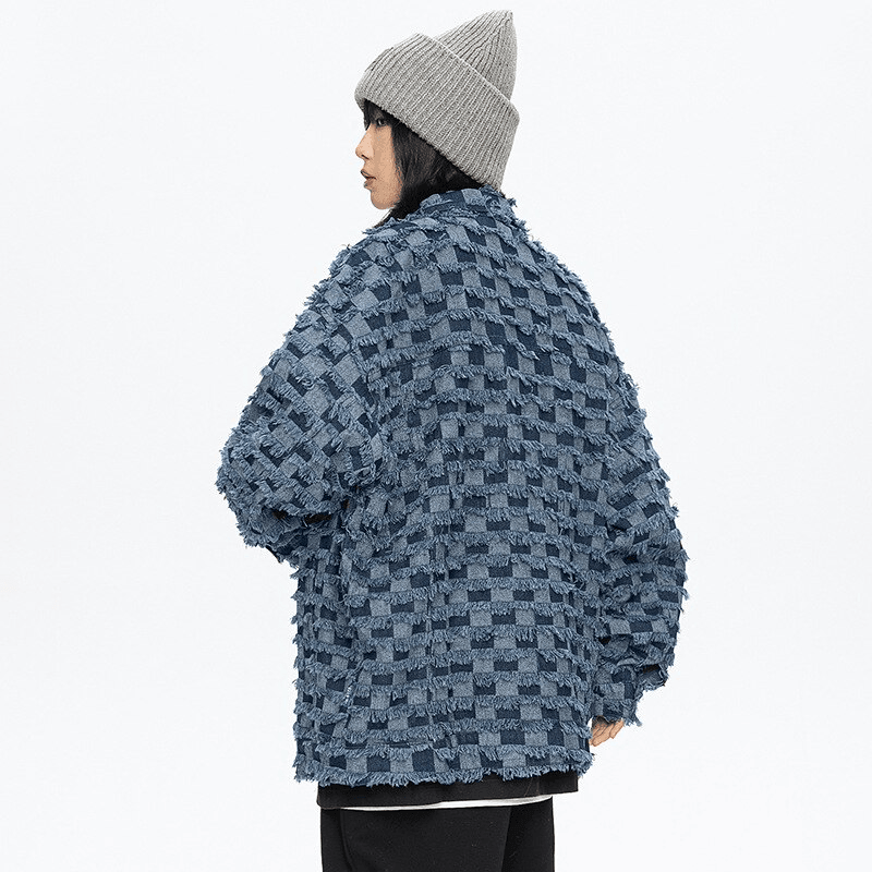 Makersluxe® - Denim Shearing Chessboard Tassel Craft Lapel Jacket