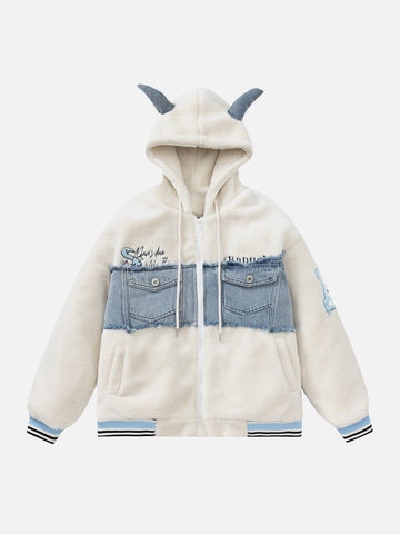 Makersluxe® - Devil Horn Denim Panel Sherpa Coat