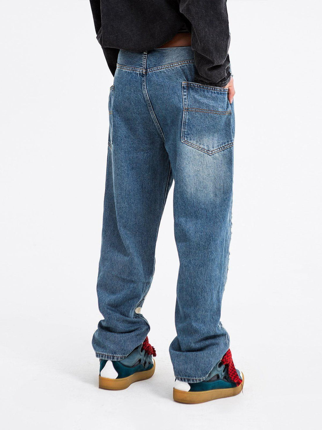 Makersluxe® - Distressed Stitched Patched Jeans