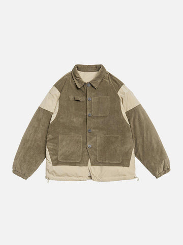 Makersluxe® - Fake Two Piece Corduroy Patchwork Winter Coat